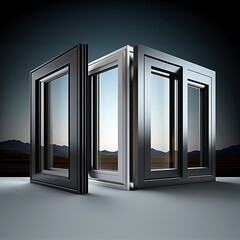 Aluminium window and door frames with a reflective glass design align perfectly against a desert landscape, showcasing a seamless blend of industry and nature