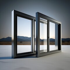 Aluminium window and door frames with a reflective glass design align perfectly against a desert landscape, showcasing a seamless blend of industry and nature