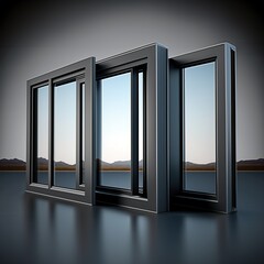Aluminium window and door frames with a reflective glass design align perfectly against a desert landscape, showcasing a seamless blend of industry and nature