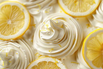 Mouse de limón, en forma de suspiros de merengue, decorado con trozos de limón cortados y finas ralladuras de corteza amarilla, fondo cremoso, sabor ácido, fresco, postre, receta - obrazy, fototapety, plakaty