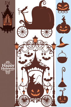 Plantilla decorativa con elementos motivados en Halloween, carrozas, brujas, calderos, calabazas, fondo multicolor marrón, blanco, azul, naranja, Happy Halloween