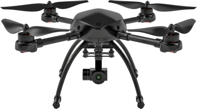 Professional quadcopter drone with camera isolated cut out png on transparent background