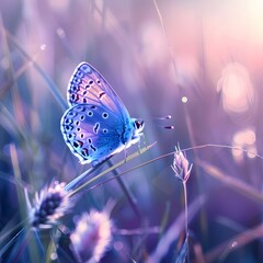 Enchanting Blue Butterfly on Blade of Grass - Nature's Dreamy Artistic Image for Wallpaper,...