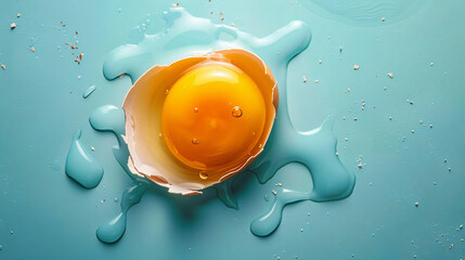Cracked egg with yolk on minimalist background - obrazy, fototapety, plakaty