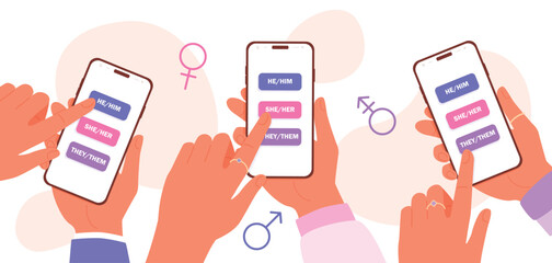 People choose their gender pronouns in a mobile app. They, them, she, her, he, him. Modern mobile in hands