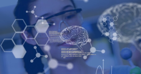 Image of data processing and chemical formula over biracial schoolgirl