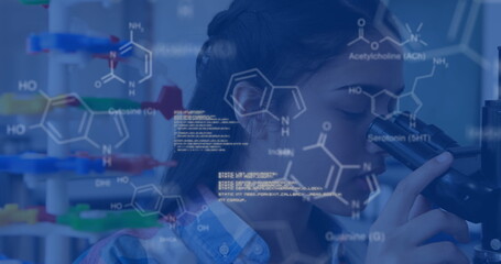 Image of data processing and chemical formula over biracial schoolgirl