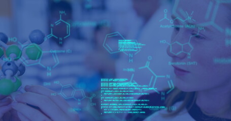 Image of data processing and chemical formula over diverse schoolchildren and teacher