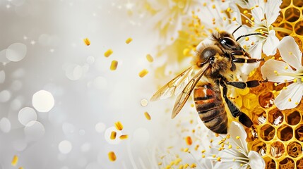close up of a bee, double exposure with honeycomb and flowers on a white background with copy space