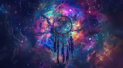 surreal digital painting of a dreamcatcher catching vibrant swirling galaxies against a starry night sky symbolizing the power of dreams - obrazy, fototapety, plakaty