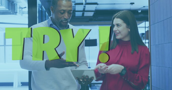 Image of try text over diverse business people talking