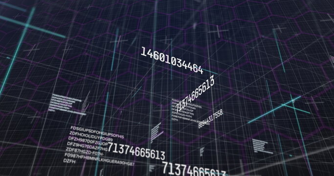 Digital image of changing numbers and data processing over light trails on blue background