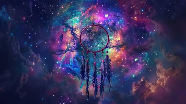surreal digital painting of a dreamcatcher catching vibrant swirling galaxies against a starry night sky symbolizing the power of dreams