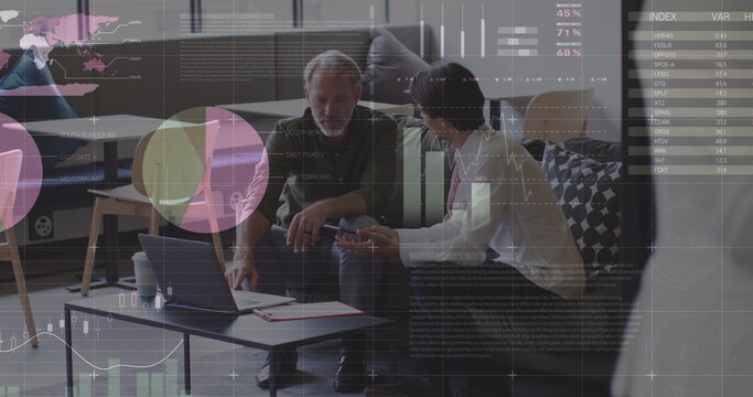 Image of data processing over diverse businessmen talking