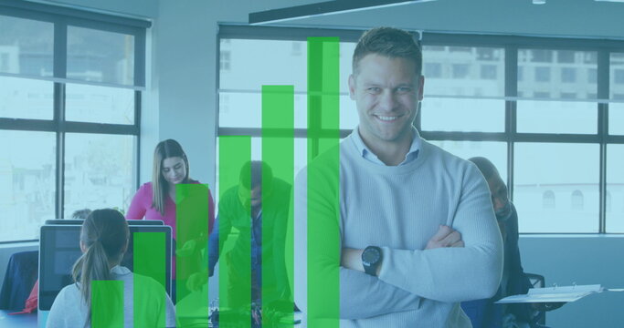 Image of statistics processing over delivery man with clipboard in delivery window - Powered by Adobe