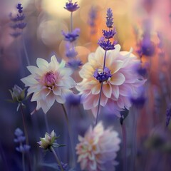 Lavender Dahlia Dreamland - Ethereal Floral Fantasy with Soft Focus and Atmospheric Volumetric Lighting