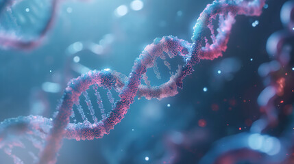 3d render of double helix DNA, close up, background is dark blue with light pink and red particles floating around it