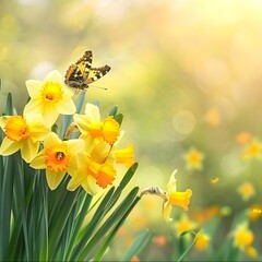 Sunshine Serenade - Captivating Display of Yellow Daffodils and Butterfly in Natural Green-Yellow Setting
