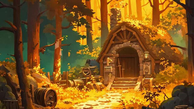 cartoon scene in the forest with a hidden entrance into it