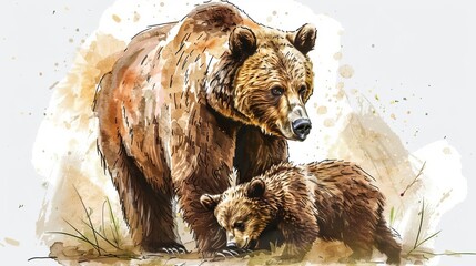 touching moment of a brown bear mother nurturing her cub a powerful display of love and protection in the wild wildlife sketch - obrazy, fototapety, plakaty