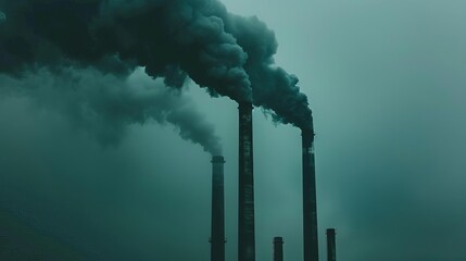 toxic factory pollution ominous chimneys belching dark smoke - obrazy, fototapety, plakaty