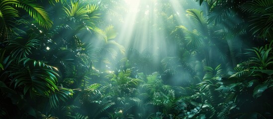 jungle canopy in the mist, lush green tropical forest