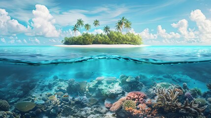Fototapeta na wymiar tropical island and coral reef split view vibrant digital illustration of paradise