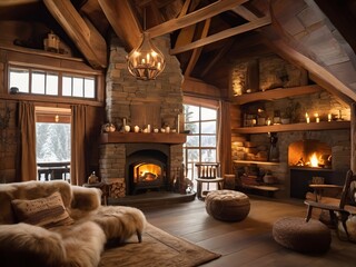 Interior of a rustic country house with fireplace and wooden beams - 785615983