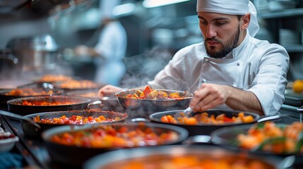 Focused male chef in white uniform and hat diligently preparing multiple gourmet dishes in a...