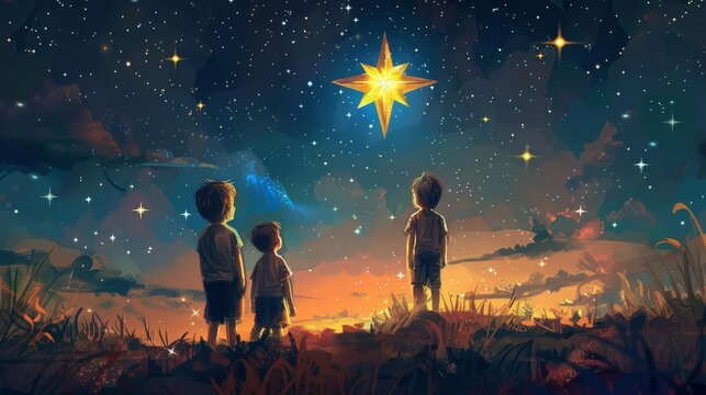 two young brothers gazing at a shining star childrens wonder and imagination digital painting