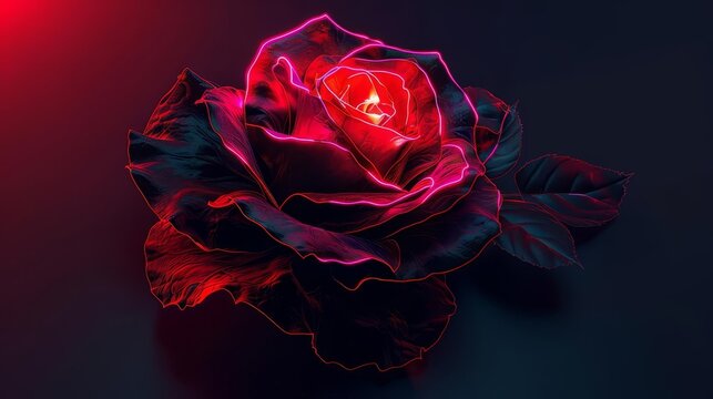 vantablack rose flower with vibrant red neon light dark floral vector illustration