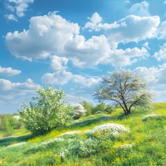 Fototapeta na wymiar Blossom Hill: Spring's Radiant Bloom Amidst Park's Sunny Skies