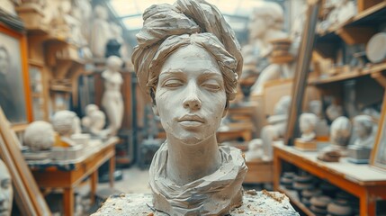 Close-up of a clay sculpture of a woman's head, artistically crafted in a busy sculptor’s studio surrounded by various sculptures and art tools.