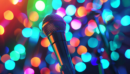 Microphone on colorful Bokeh neon,pastel background. Performance Microphone for speech singing...