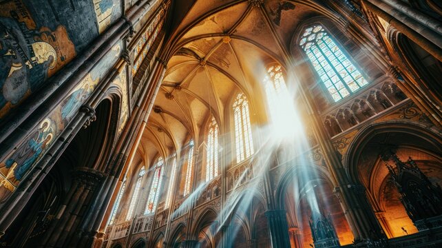 Sunbeams piercing through a gothic cathedral - Rays of light dramatically pierce through the stained glass of a gothic cathedral creating a spiritual and mystical atmosphere