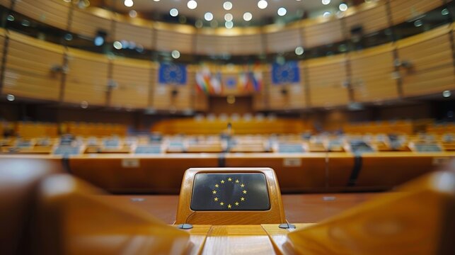 Focused view of a microphone with a European flag in an empty meeting room of the European Parliament, showcasing the calm before a political session.