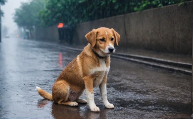 Stray homeless dog. Sad abandoned hungry puppy sitting alone in the street under the rain