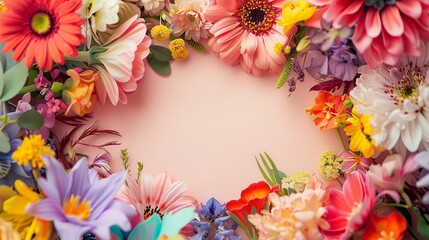 Obraz premium Flowers of different colors and sizes create a bright and lively atmosphere. Frame with space for text. Illustration for cover, card, postcard.