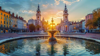Breathtaking view of Jacobins Square at sunrise, featuring a fountain and twin-spired church in a vibrant cityscape with warm sunlight and clear blue skies.