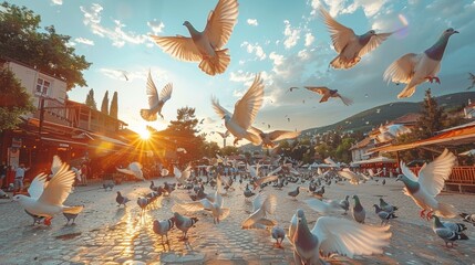 Beautiful sunset scene capturing flying pigeons over an old square in Sarajevo, vibrant with life and nature against a backdrop of historic architecture. - obrazy, fototapety, plakaty