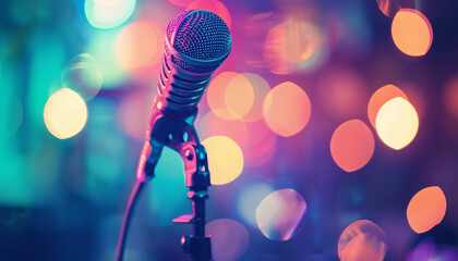 Microphone on colorful Bokeh neon,pastel background. Performance Microphone for speech singing karaoke party, Microphones for orator press conference, Microphone Copy space. Performer,singer,music