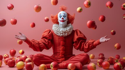 Vibrant image capturing a clown in a red costume juggling apples. The background is a soothing pink, enhancing the playful and cheerful vibe of the scene.