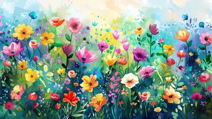 Poster vibrant spring flower meadow colorful blooms and lush greenery watercolor illustration © Bijac