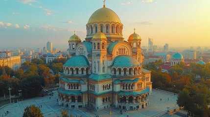 Aerial view of the majestic St. Alexander Nevsky Cathedral in Sofia, Bulgaria, basking in the golden hues of sunset with the cityscape in the background. - obrazy, fototapety, plakaty