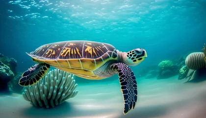 Keuken spatwand met foto green sea turtle swimming,photo of Sea turtle in the Galapagos island.Flying Turtle © Nimra