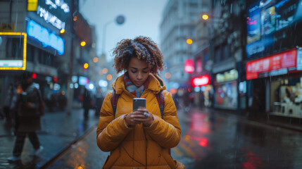 Obraz premium Young african american woman in a yellow jacket uses her smartphone on a bustling, neon-lit city street during a rainy evening. Focus on urban life and technology.