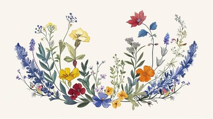 vintageinspired botanical illustration featuring intricate handdrawn wildflowers and herbs arranged in a beautiful floral wreath composition