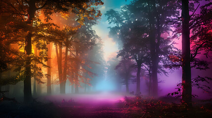 Obraz premium landscape in a fabulous forest, rainbow spectrum of colorful autumn trees in unusual neon lighting, fog background autumn fantasy