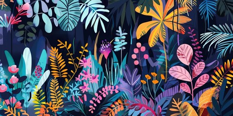 Abstract Bright Colorful Jungle Plants in Exaggerated Shapes and Sizes on Black Background - obrazy, fototapety, plakaty