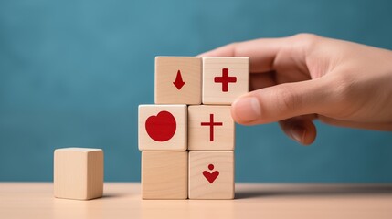 Concept of Insurance for your health, Hand hold wooden block with icon healthcare medical.